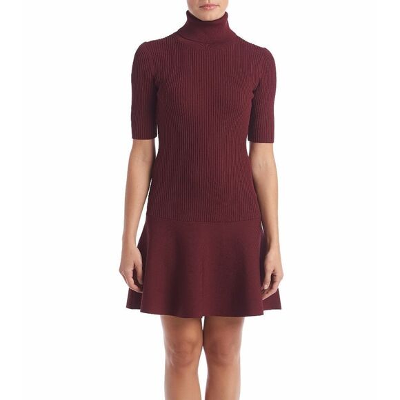 New! MICHAEL KORS Women's Turtleneck Sweater Dress Ribbed Body Flared Hem Merlot - Picture 3 of 6
